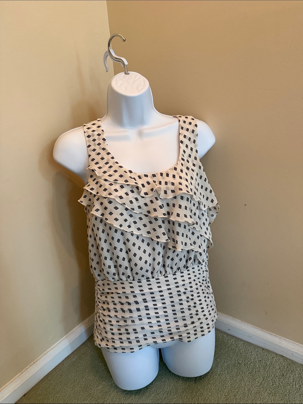 White House Black Market White and Black Ruffle Polka Dot Camisole